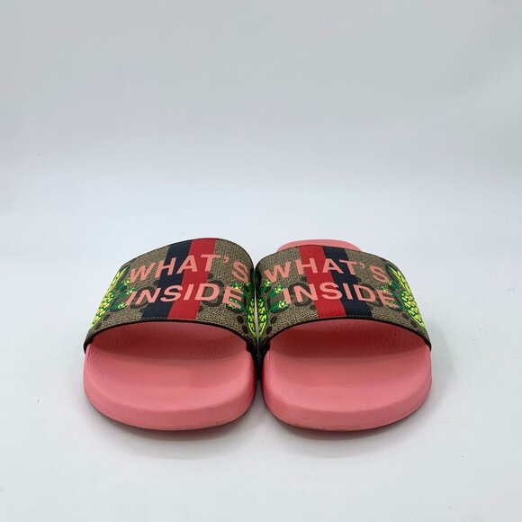 Gucci Pink Slide Sandals With Pineapple Print Strap & "Whats Inside" Design - Picture 3 of 9